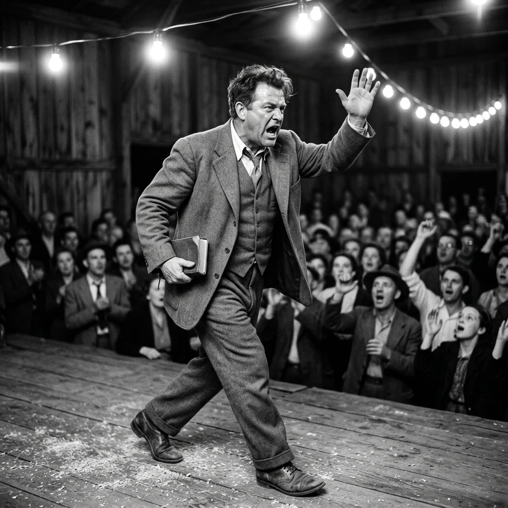 A 1920s fiery charismatic evangelist mid-stride across a sawdust-covered wooden platform