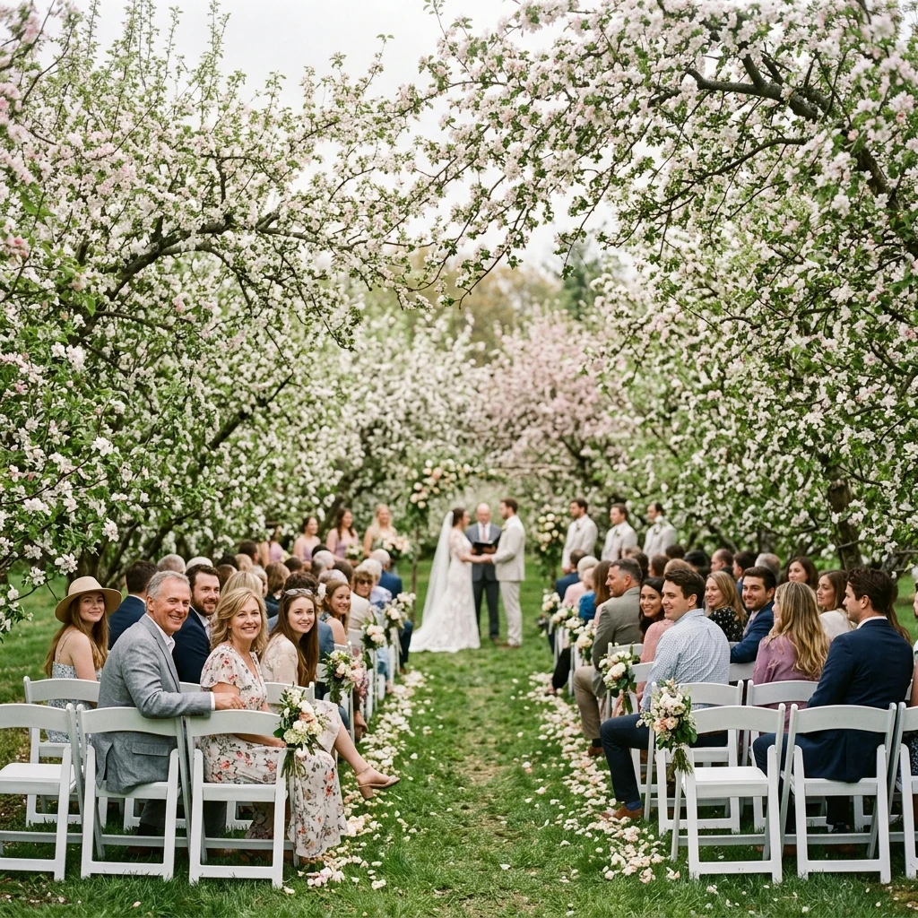 Wedding ceremony in a blooming orchard