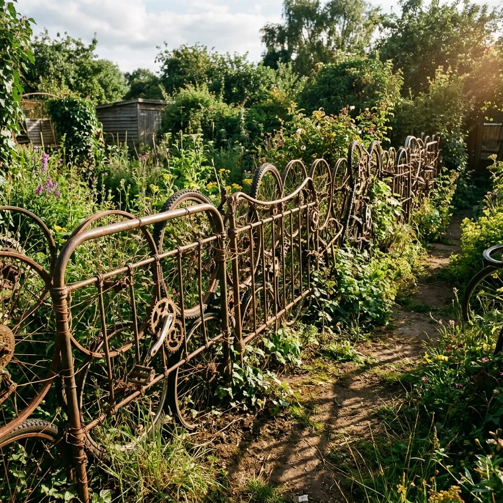 Garden fence made of recycled wheels