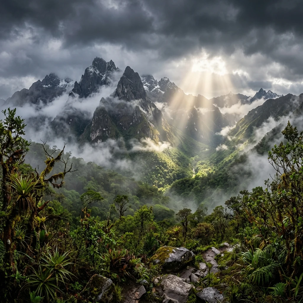 Sunlight breaking through clouds over Andean peaks
