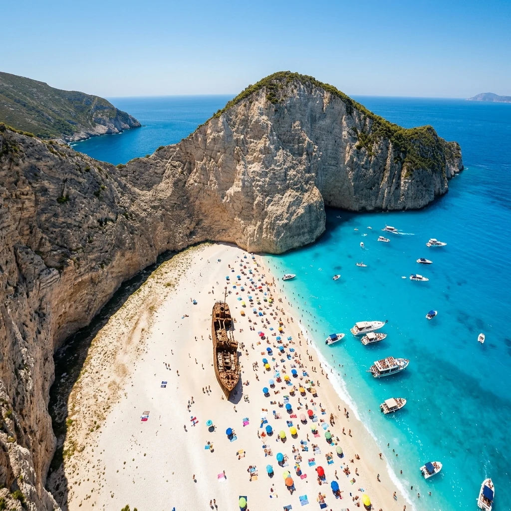 An aerial drone shot of Navagio Beach (Shipwreck Beach) in Zante
