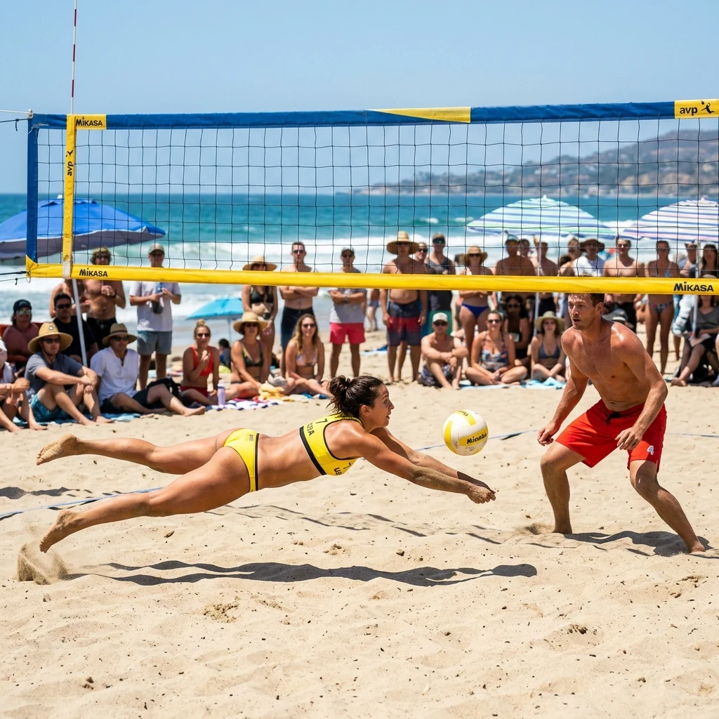 A wide-angle 24mm photograph of a beach volleyball match in full swing