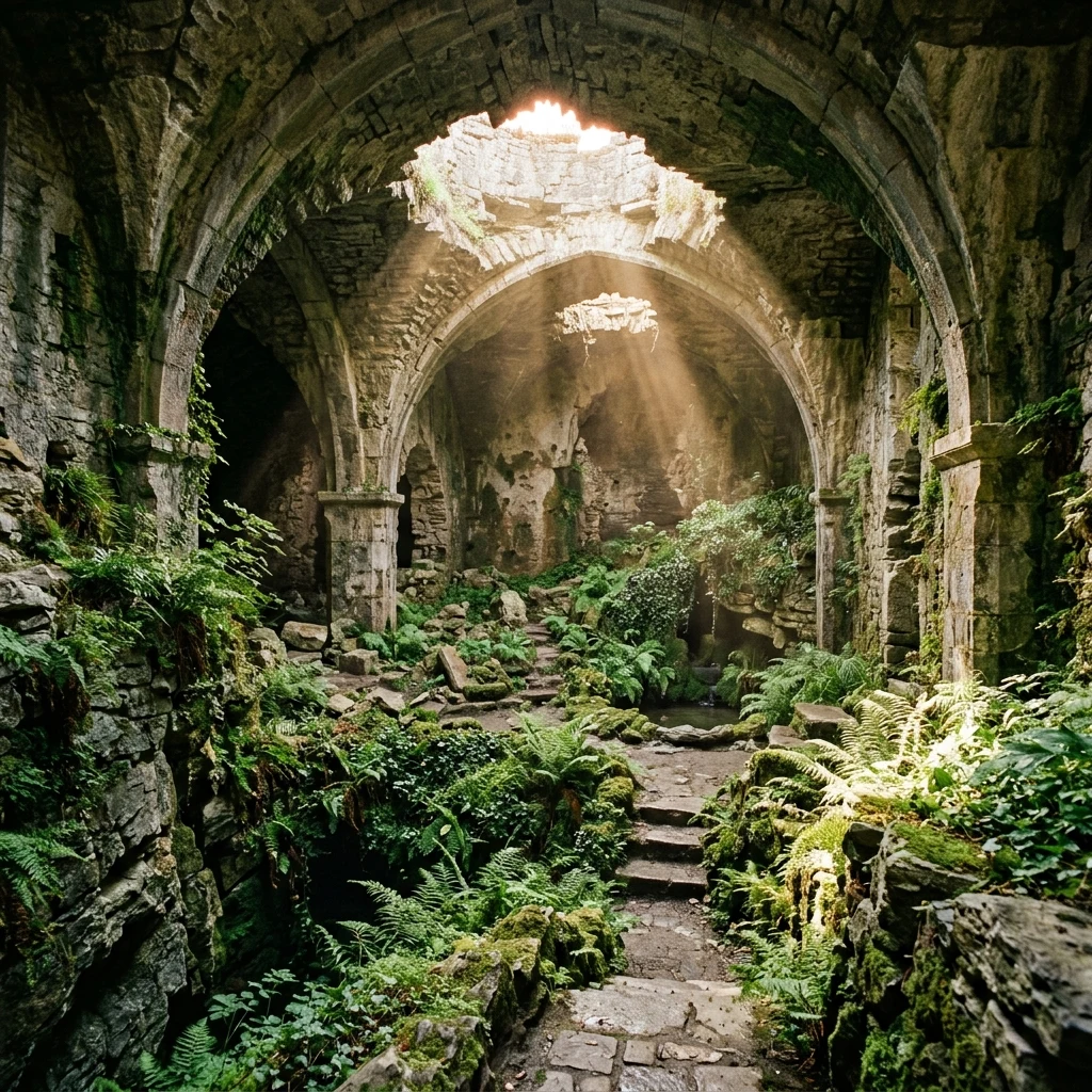 Sunlight streaming into a ruined stone vault