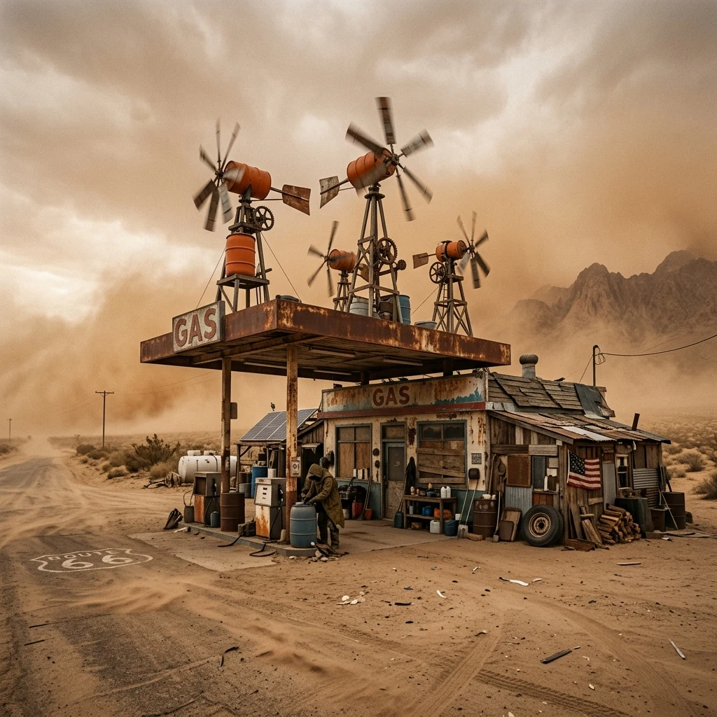 A dust storm sweeping across a abandoned gas station converted into a subsistence…