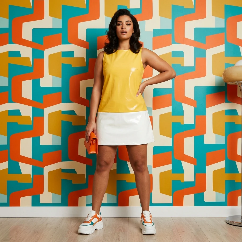 A 1960s mod-style A-line mini dress in color-blocked vinyl yellow and white