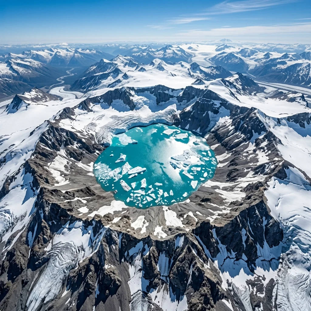Turquoise glacier lake inside a volcanic crater