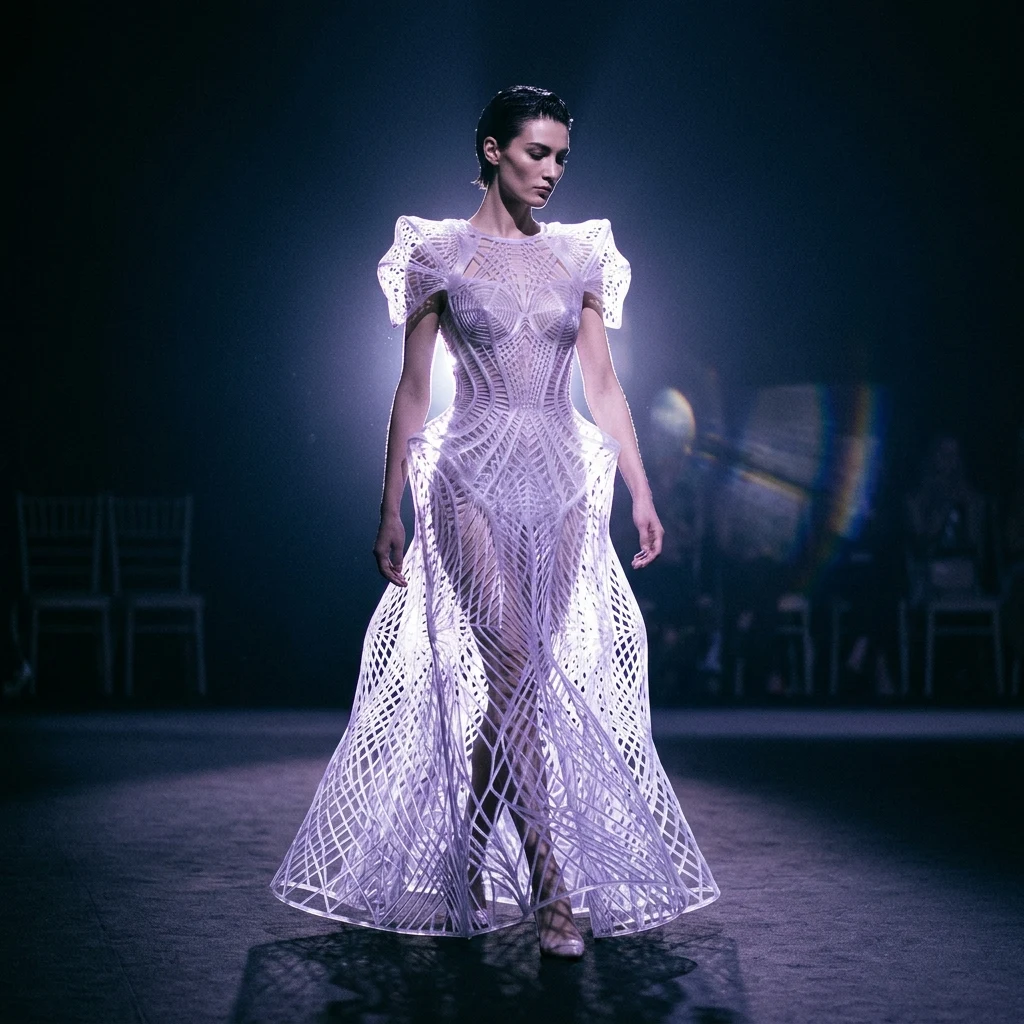 Model in a glowing lattice gown