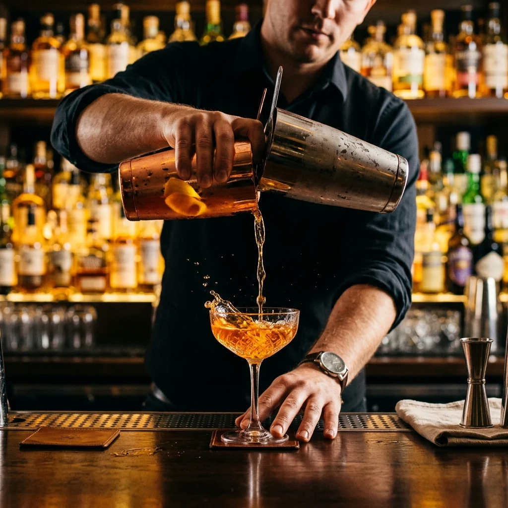 A bartender mid-pour backlit by the bottle shelf
