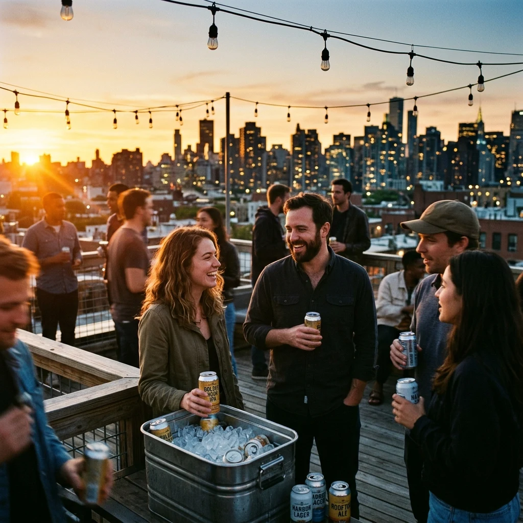 A rooftop party at golden hour on a disposable camera