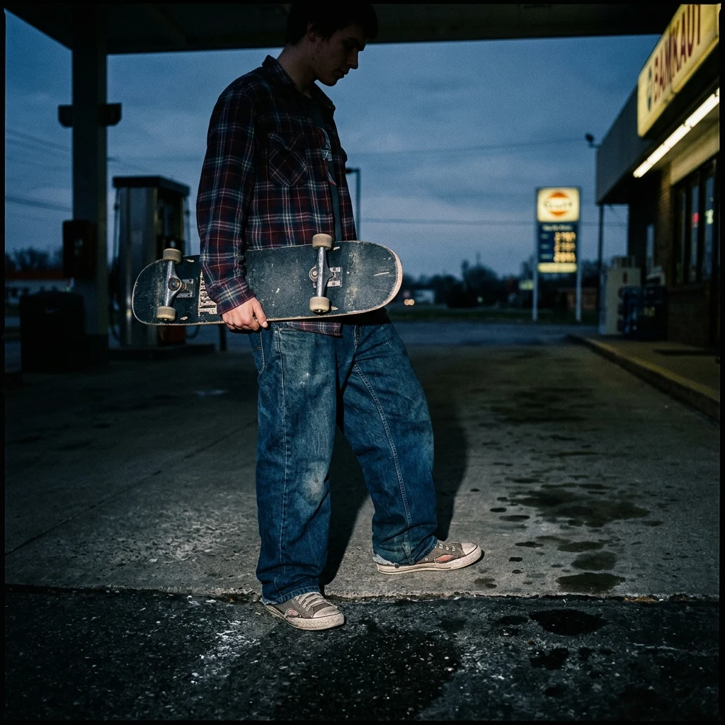 A skater in baggy jeans and a tucked flannel with Vans worn through at the ollie patch