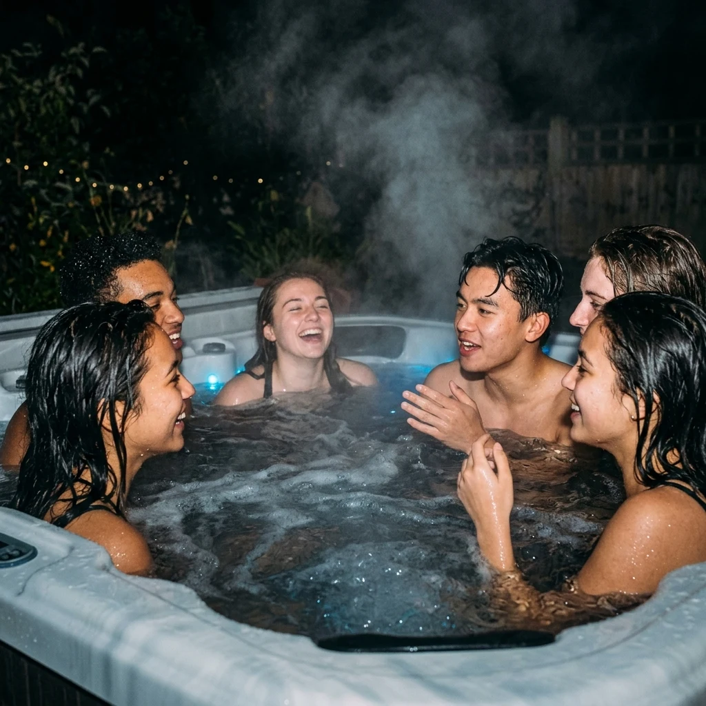 Friends laughing in a steaming hot tub at night