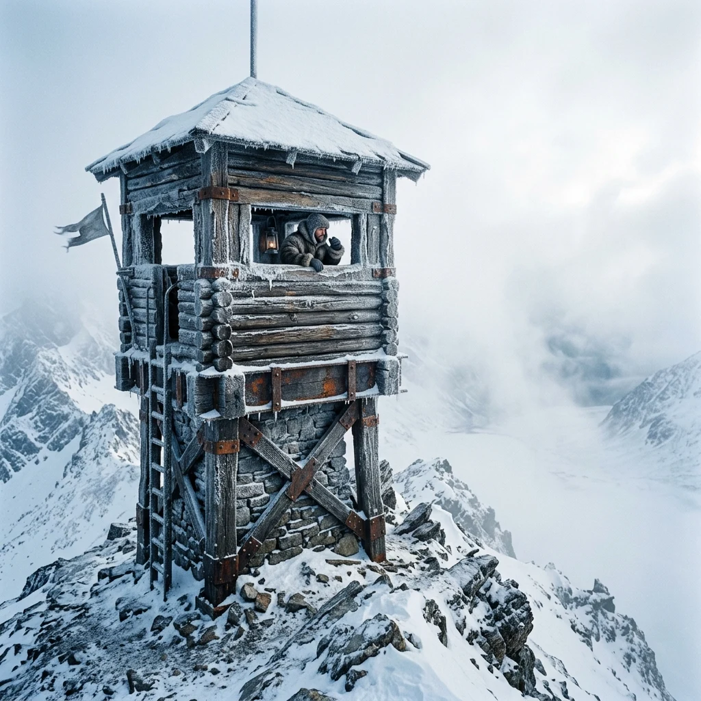 A frost-covered sentry tower built from wooden logs and rusted iron beams standing on a…