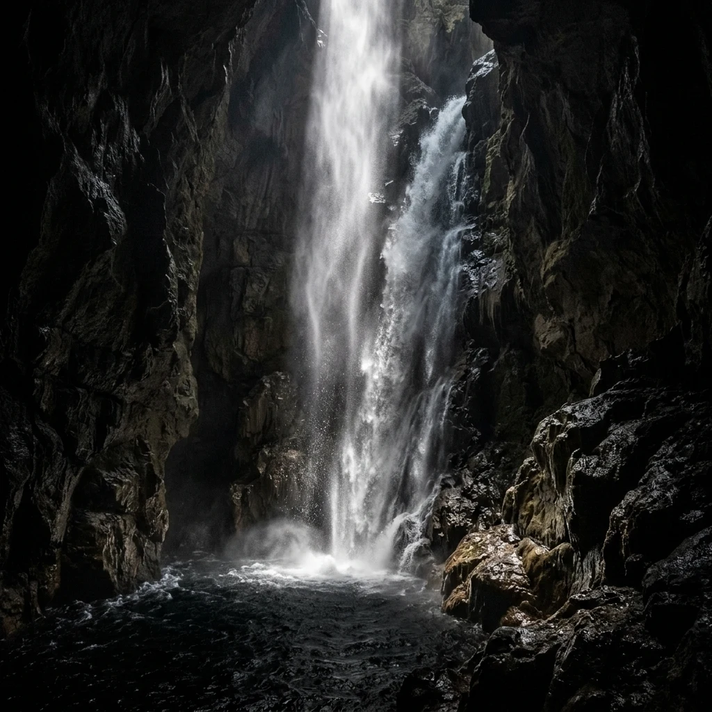 An underground waterfall plunging eighty feet into a pitch-black plunge pool inside a…