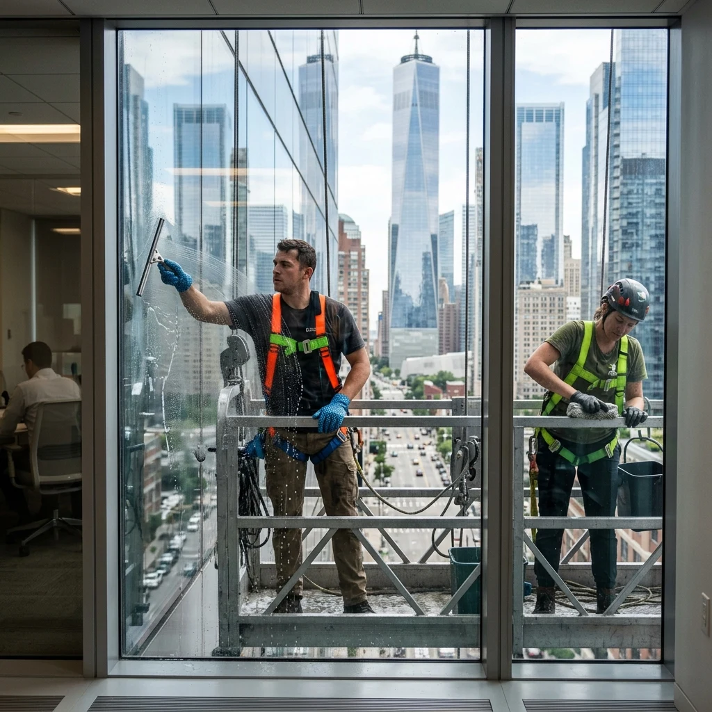 Window washers working on a city skyscraper