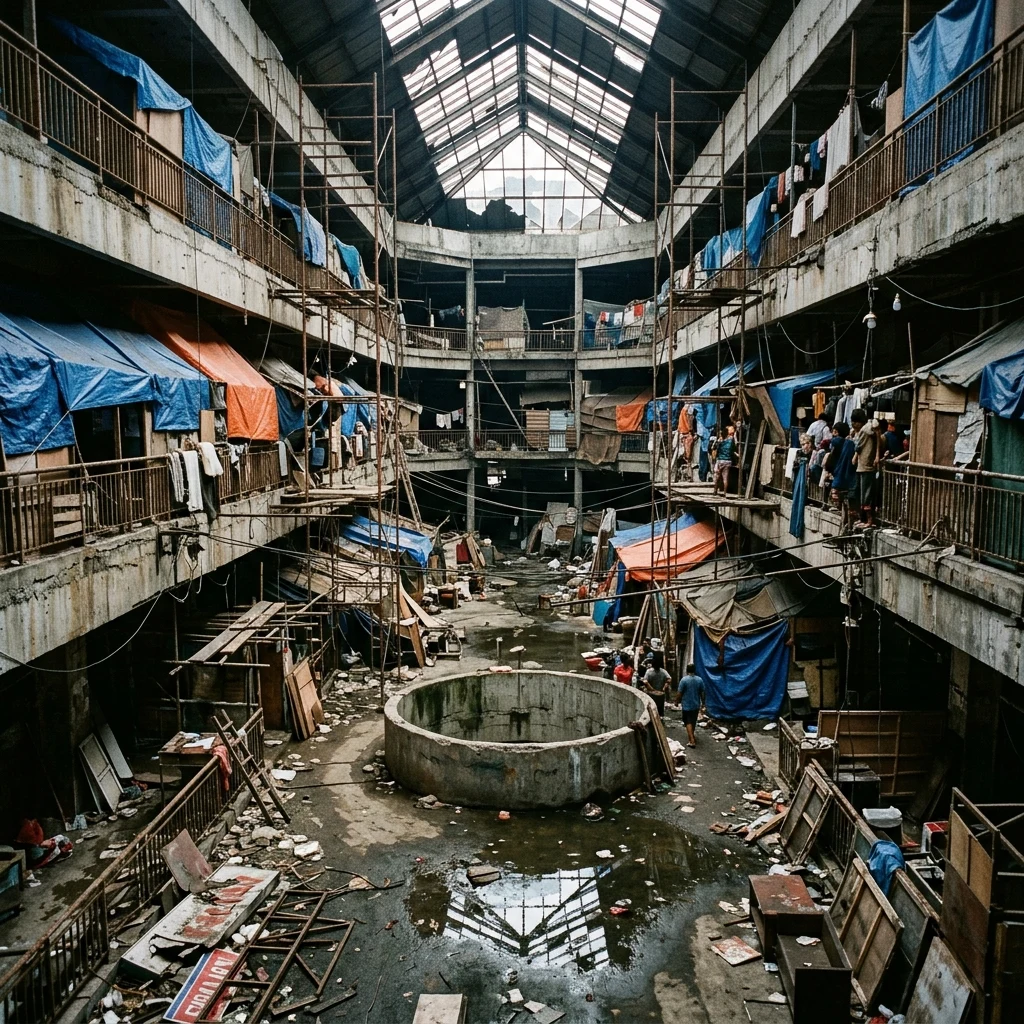 Makeshift shelters inside a quiet shopping center
