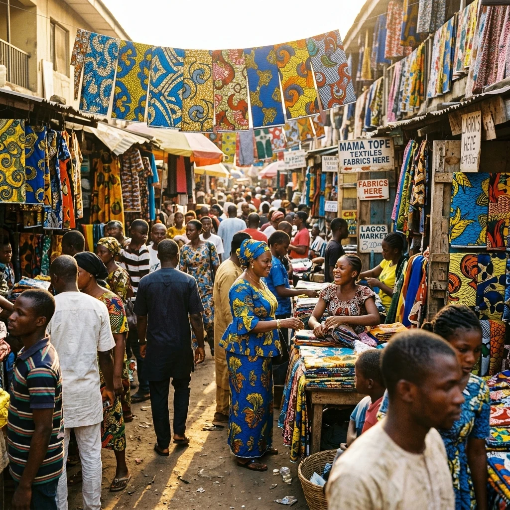 Vibrant fabric market on a sunny day