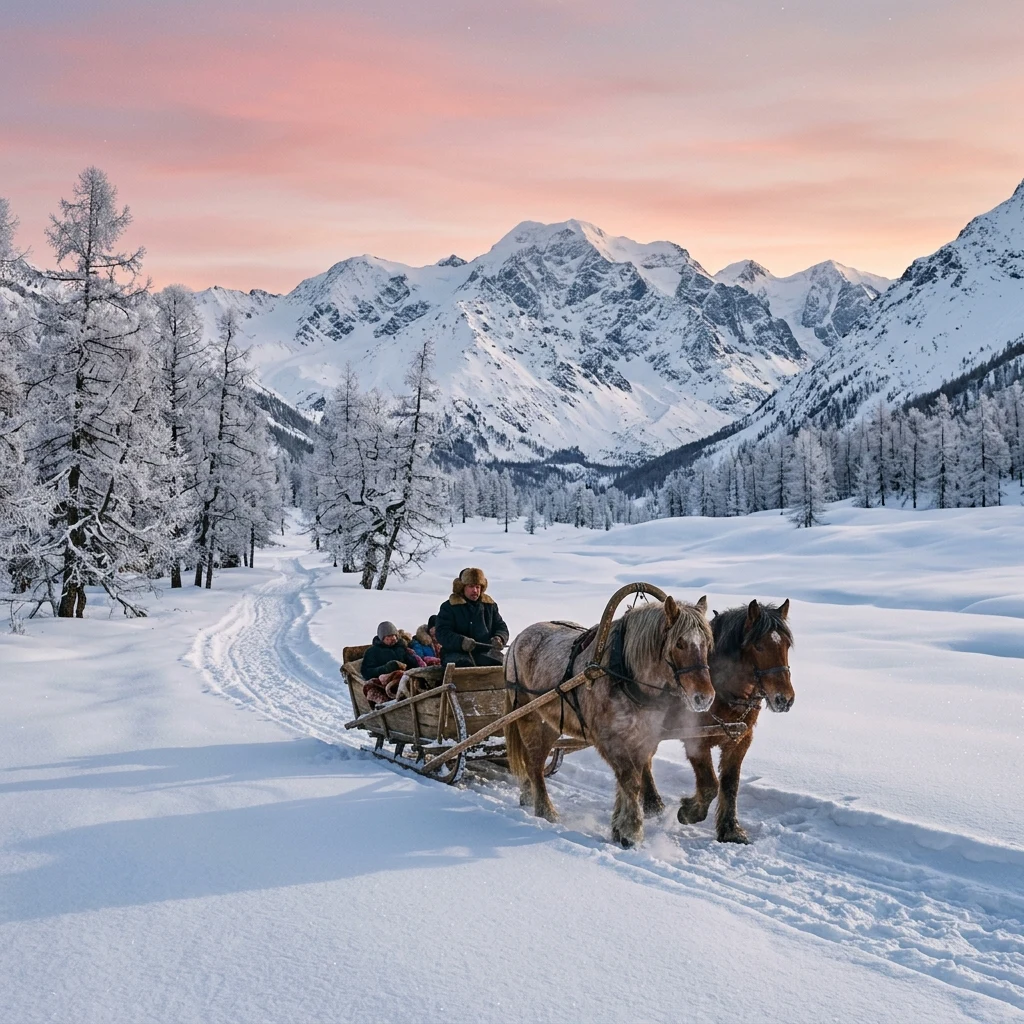 A horse-drawn wooden sleigh gliding through deep snow in the Siberian Altai