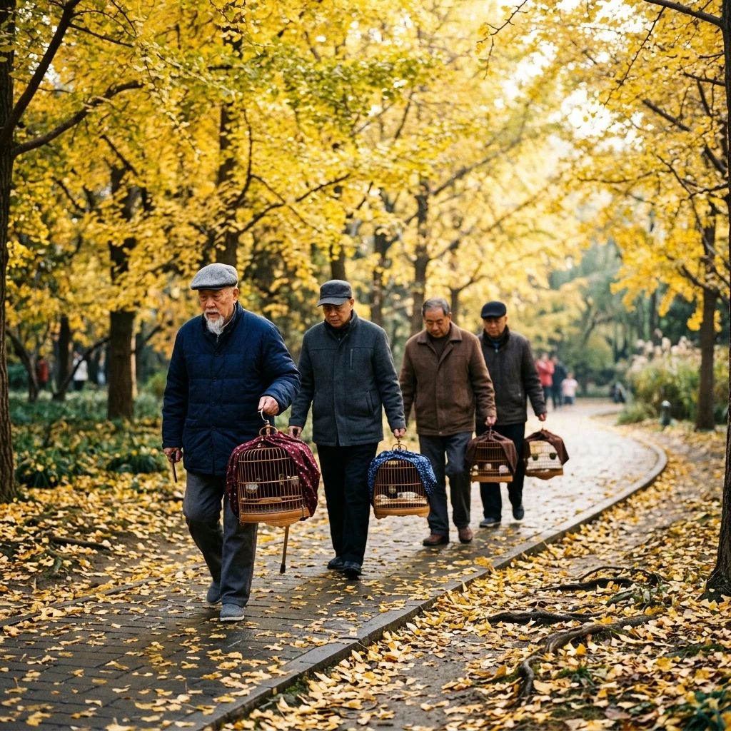 Morning walk with bird cages in the park