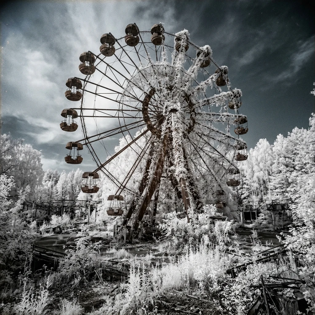 An abandoned amusement park reclaimed by forest