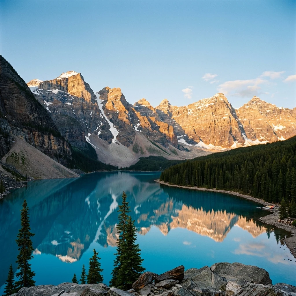 Sunrise over the peaks of Moraine Lake