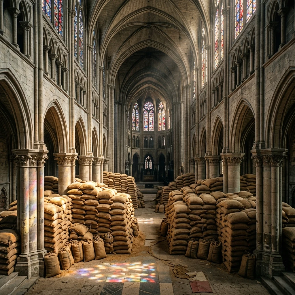 Sunlight streaming into a rustic cathedral interior