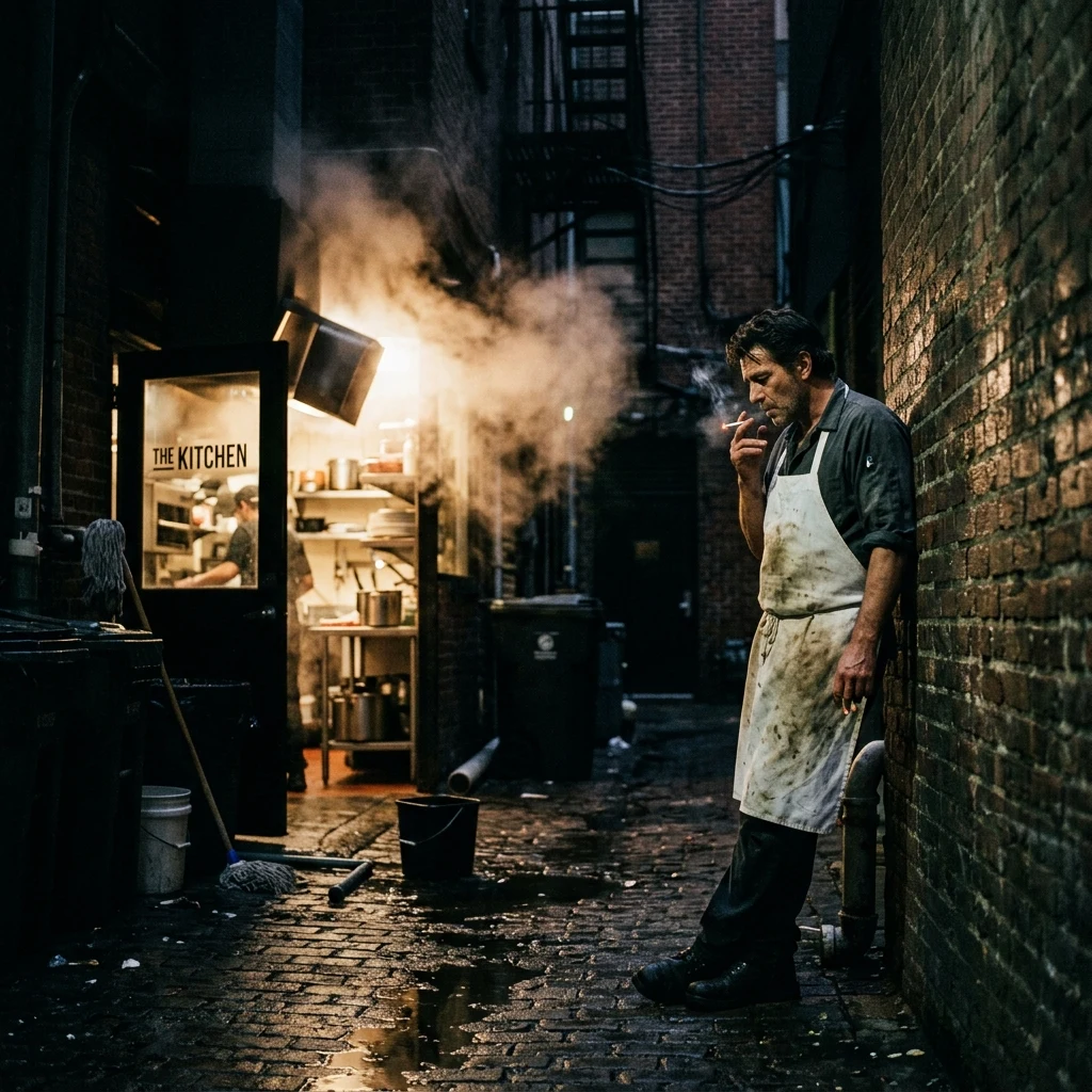 A dishwasher on a smoke break in an alley doorway
