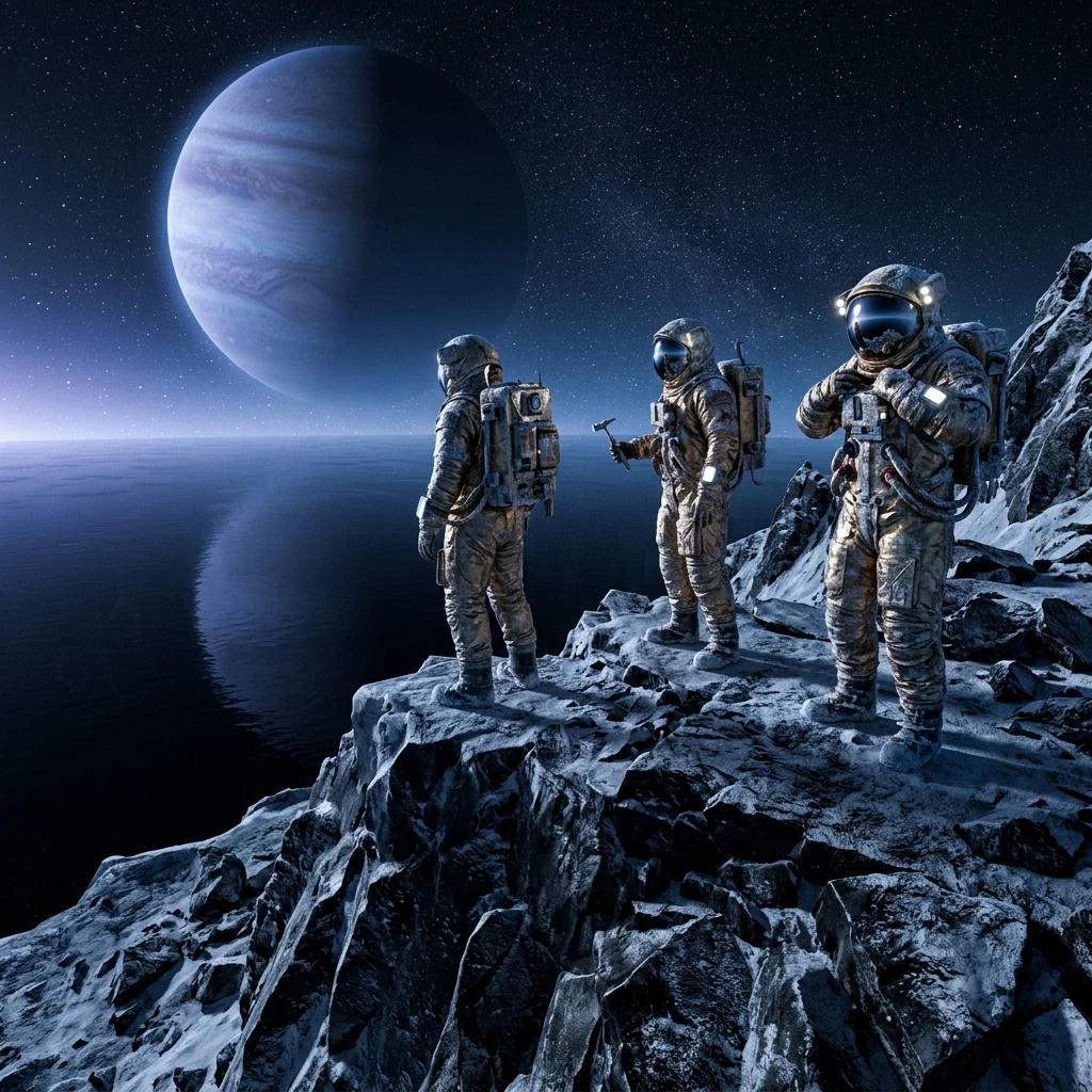 A sci-fi research team in heated environmental suits standing on a frost-covered peak of…
