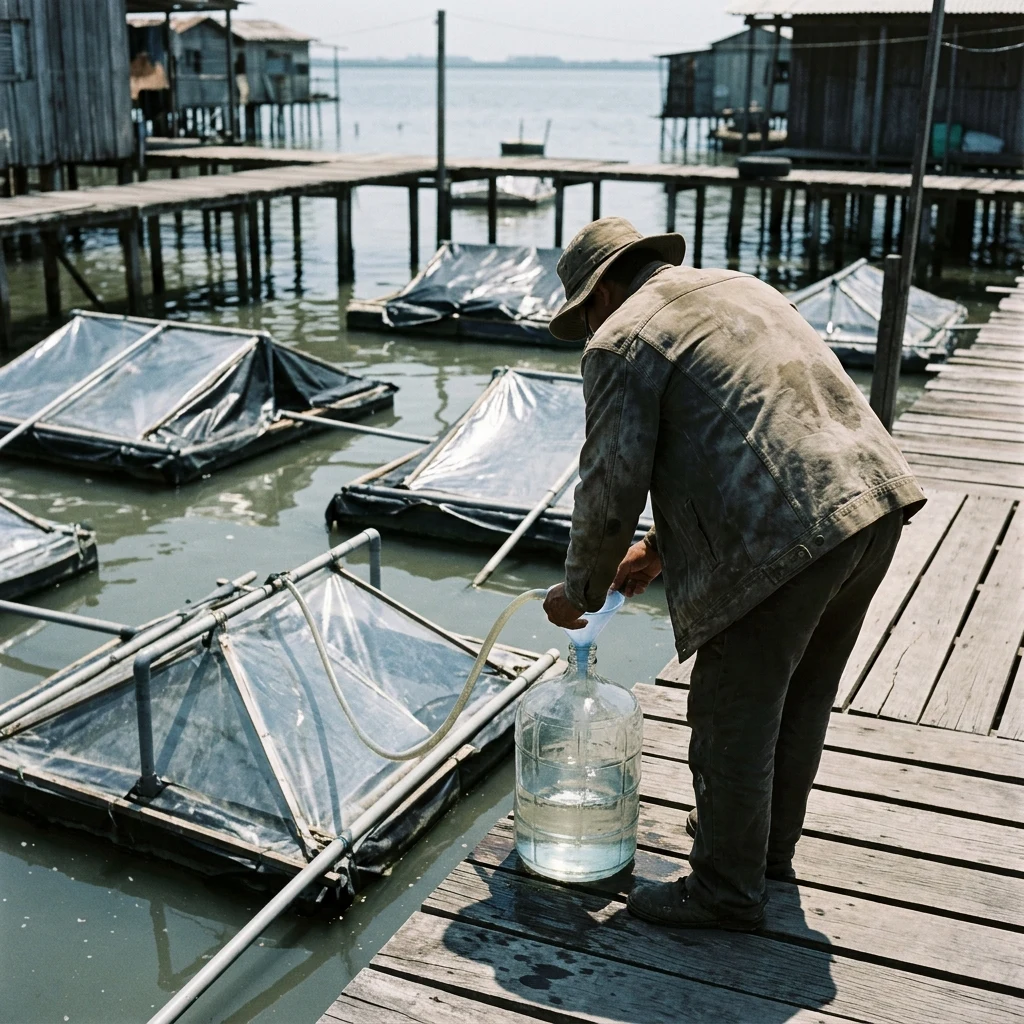 A stilt town water-purification station using solar stills mounted on floating PVC…