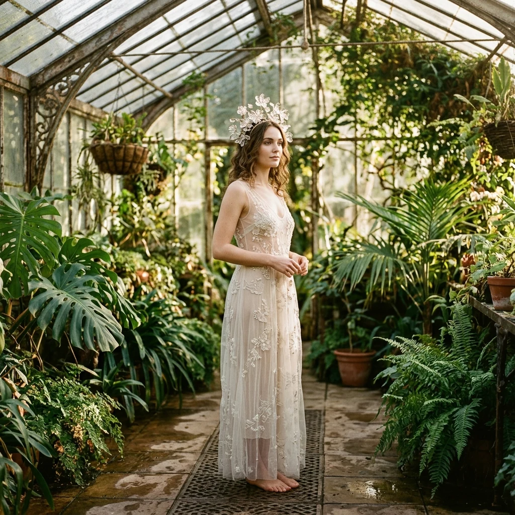 Person in a glass flower crown in a greenhouse