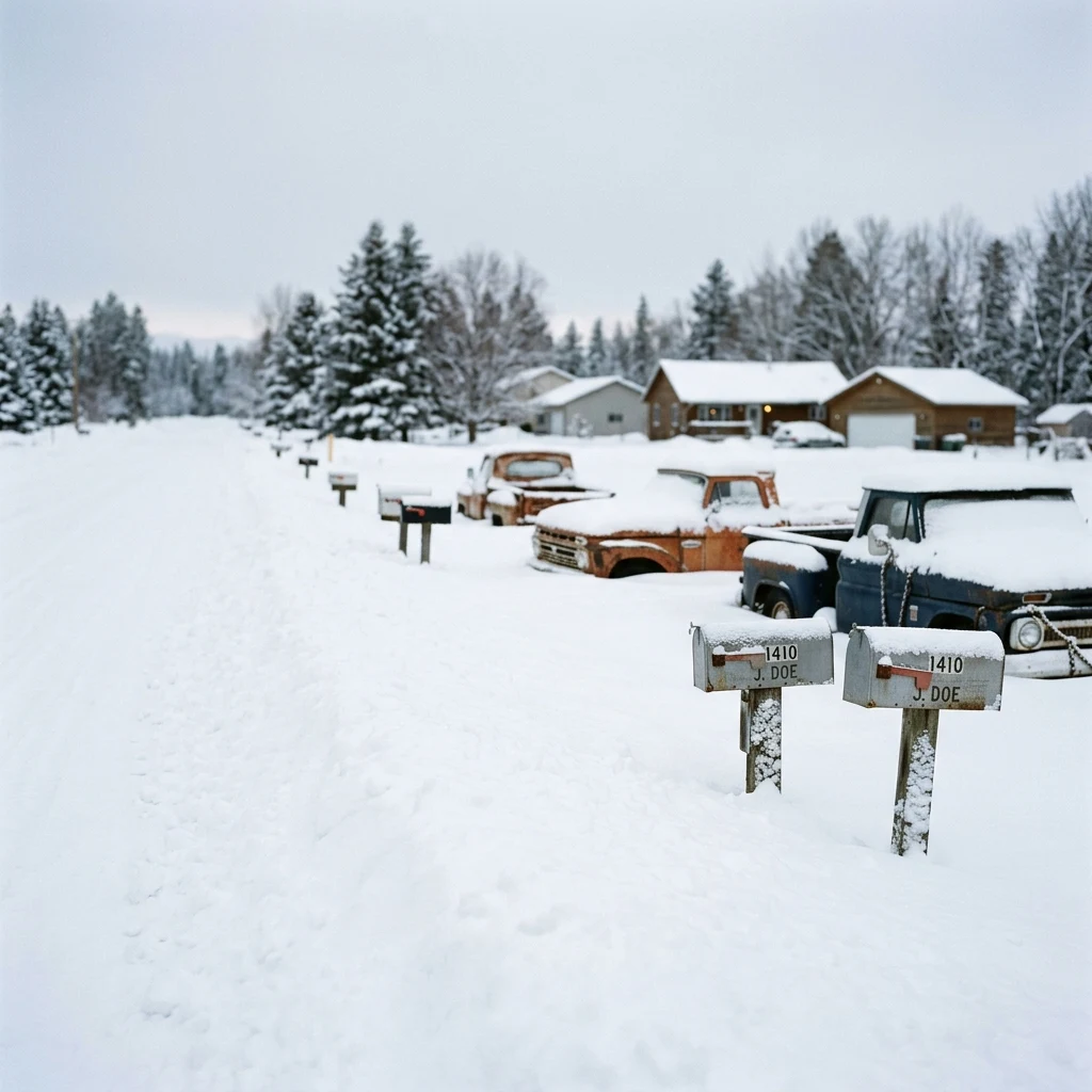 A frozen suburban street buried under five feet of snow