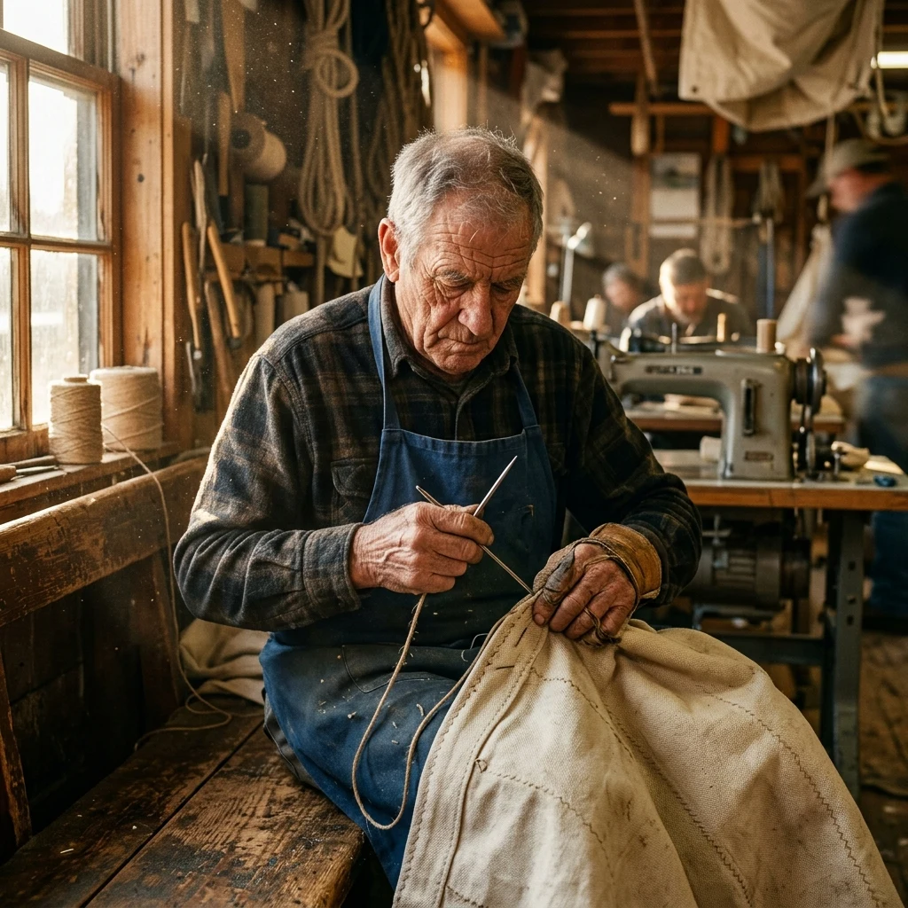 Sailmaker working in a sunlit harbor workshop