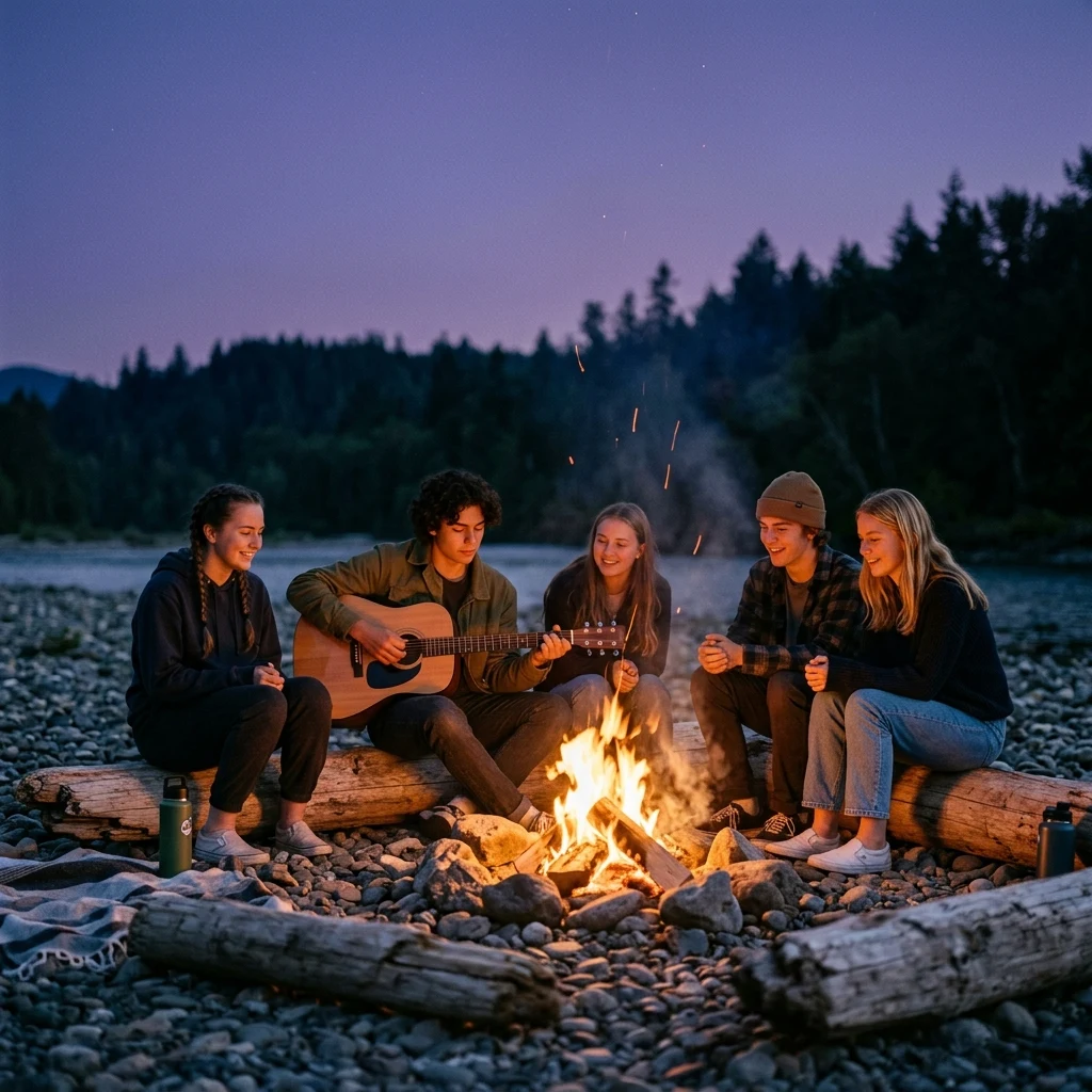 A summer evening bonfire on a river beach along the Desna River
