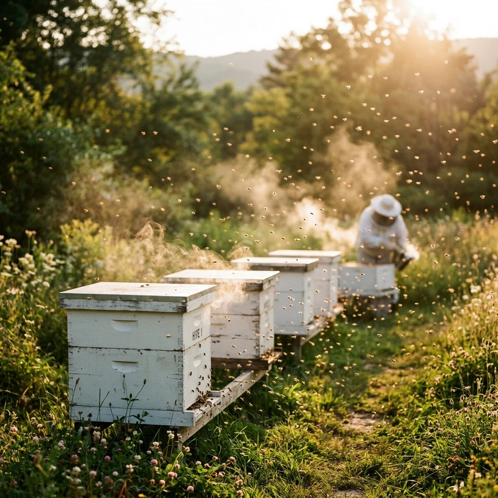 Honeybees flying around hives at golden hour