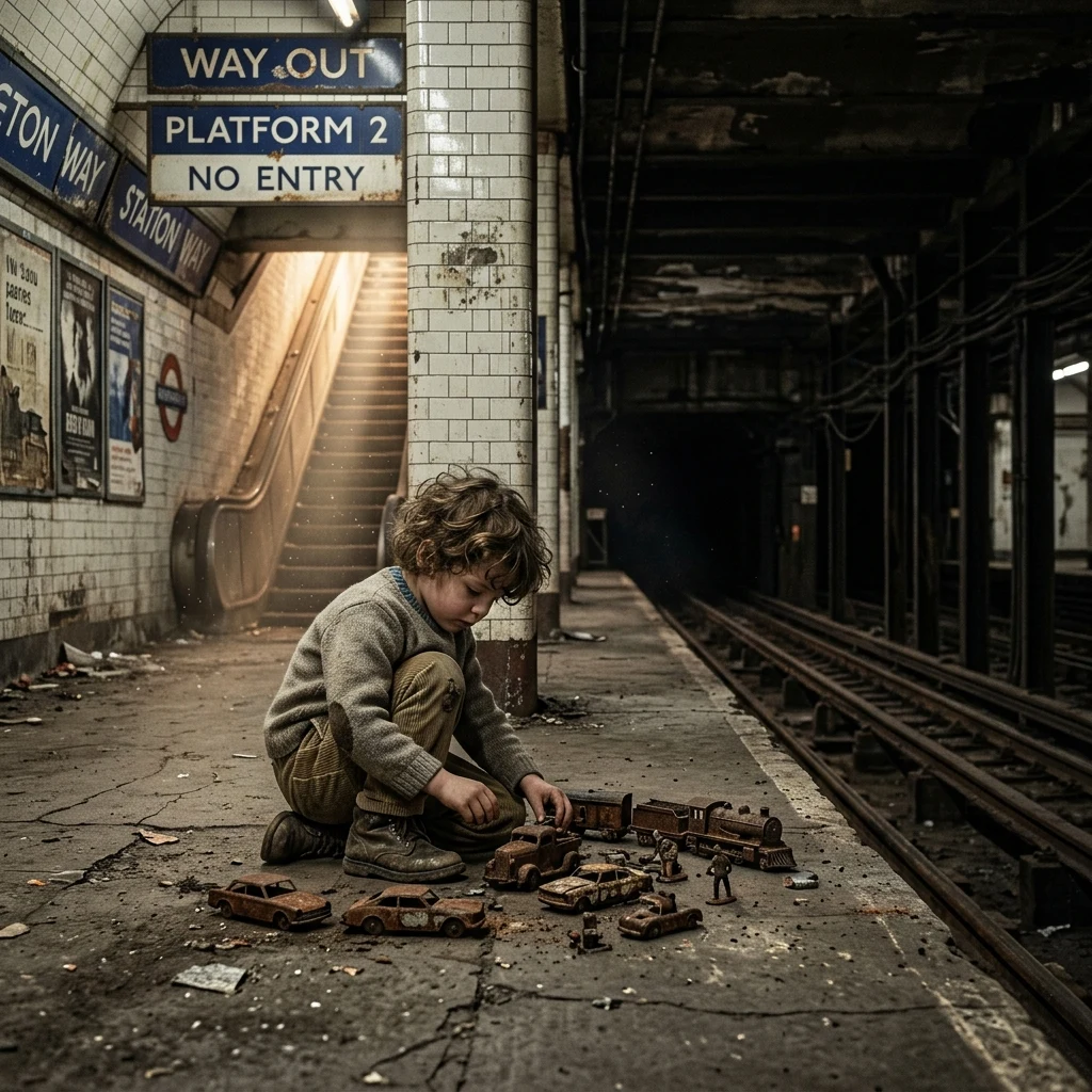Child playing with toys in a subway station