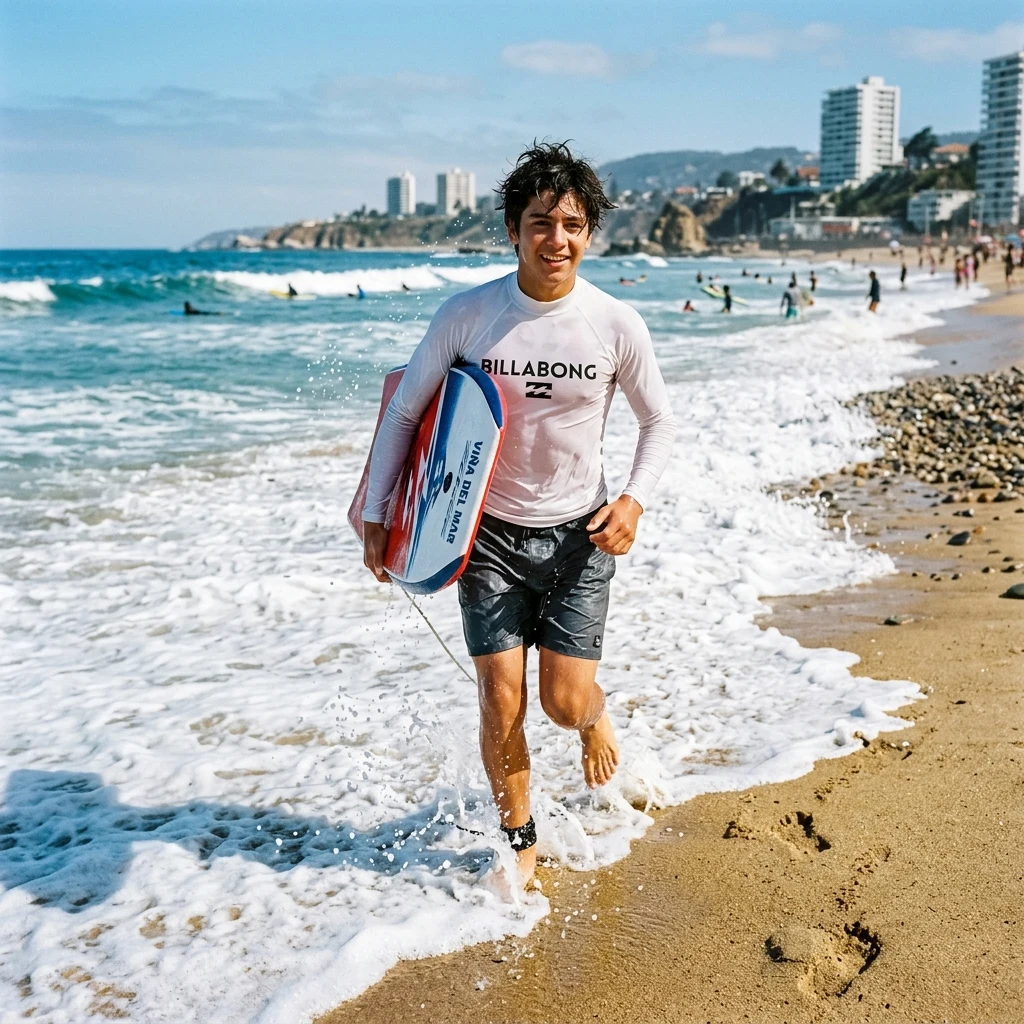 Person walking out of the ocean with a board