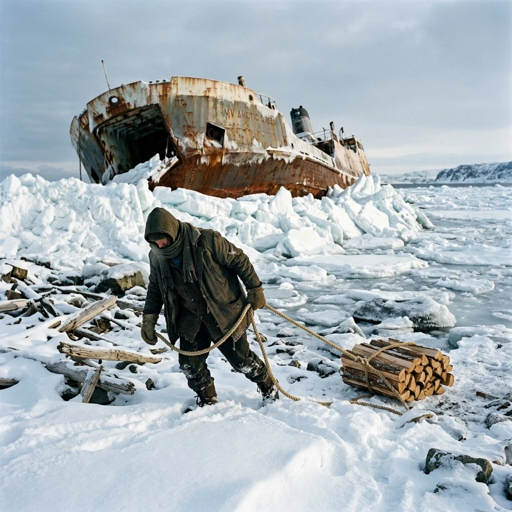A survivor hauling a bundle of chopped firewood past the frozen