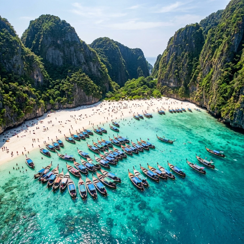 An aerial photograph of Maya Bay in Koh Phi Phi