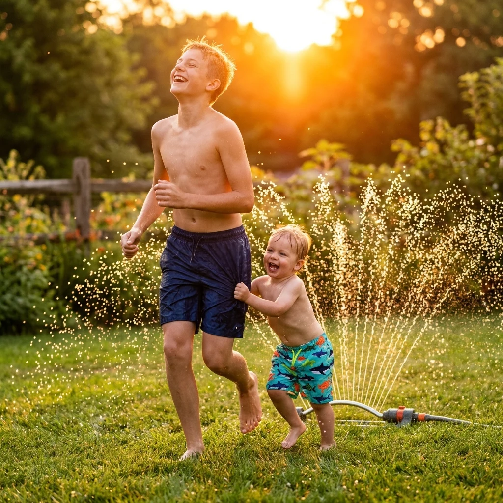 A teenage boy and his toddler brother playing in a backyard sprinkler on a hot August…