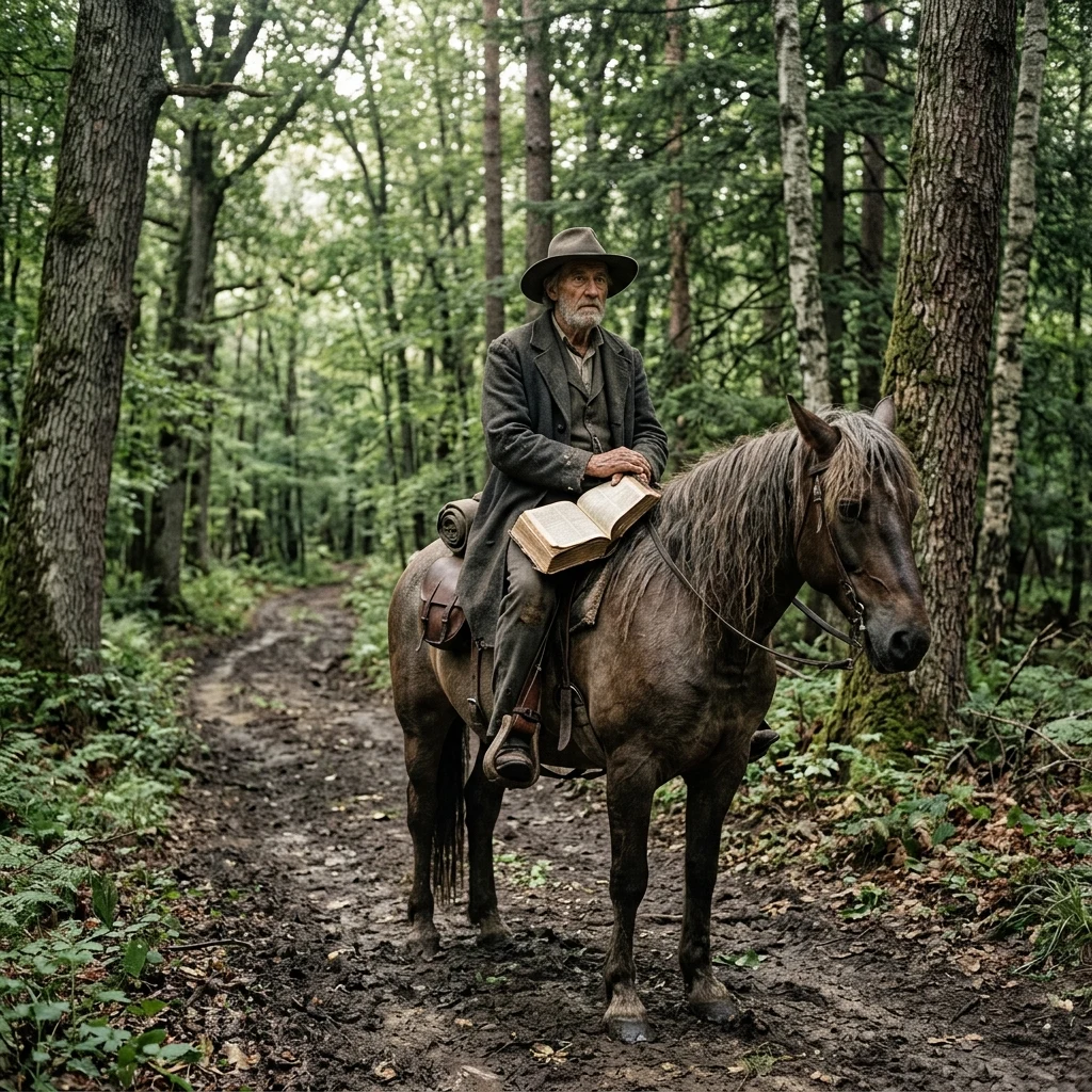 Traveler on horseback in a misty forest