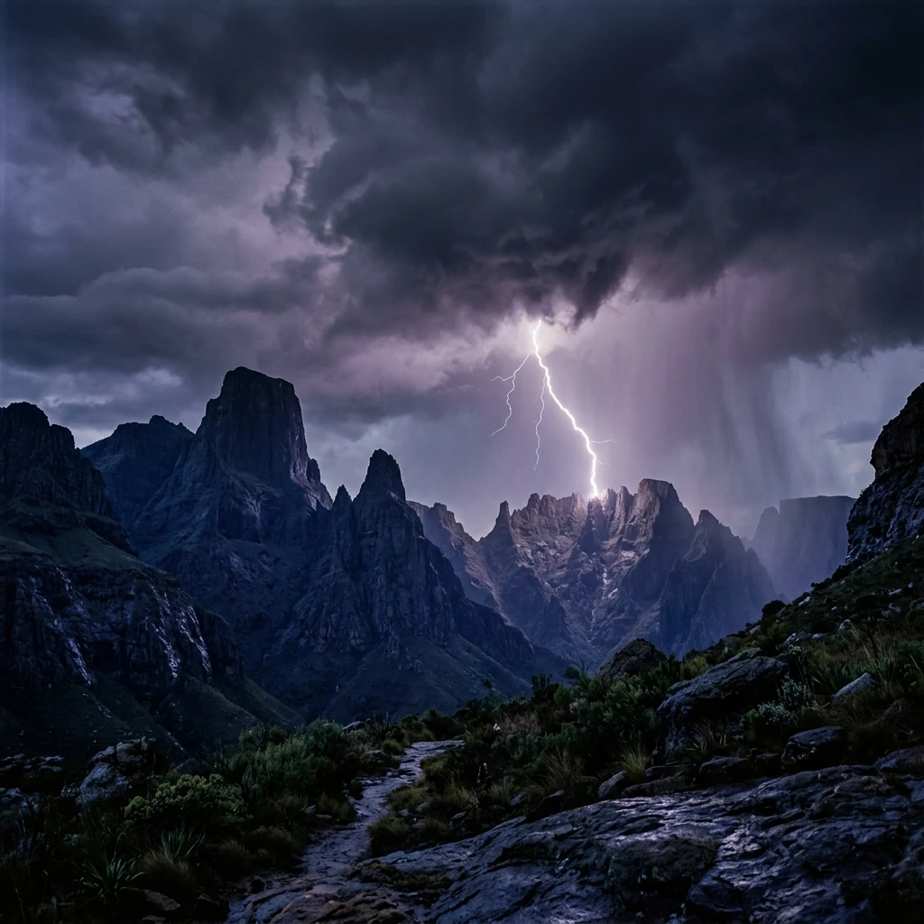 Lightning storm over jagged mountain peaks
