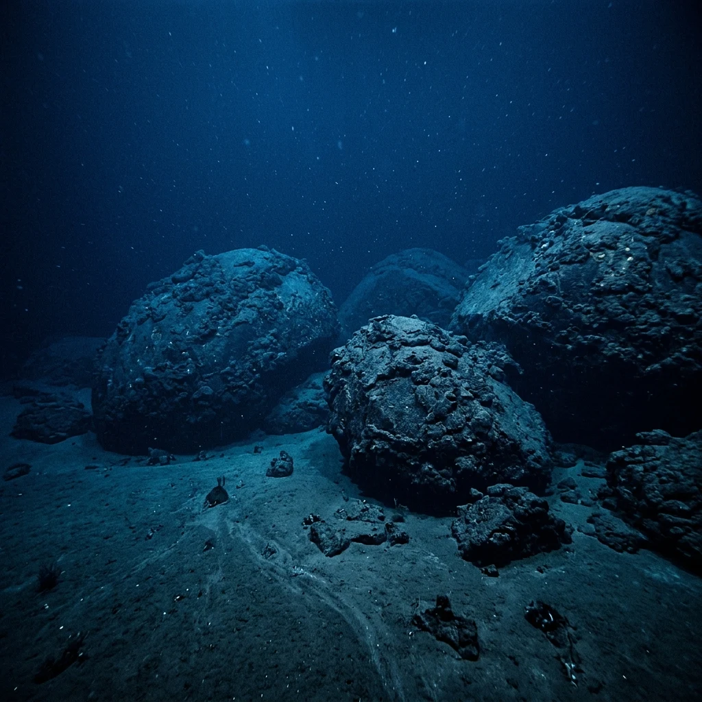 An underwater camera shot of ancient manganese crusts coating the basalt boulders of a…
