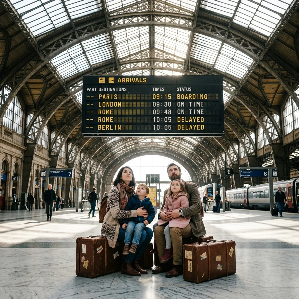 Family waiting in a historic train station