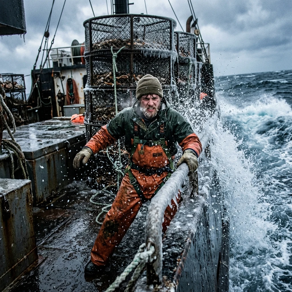A deckhand on an iron crab boat battling ten-foot swells in the Bering Sea