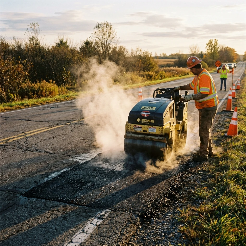 Road crew repairing a highway at dusk