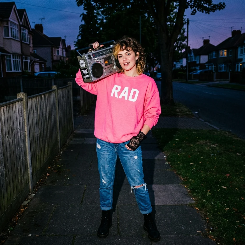 A teenage girl in a oversized neon-pink off-the-shoulder sweatshirt and lace fingerless…