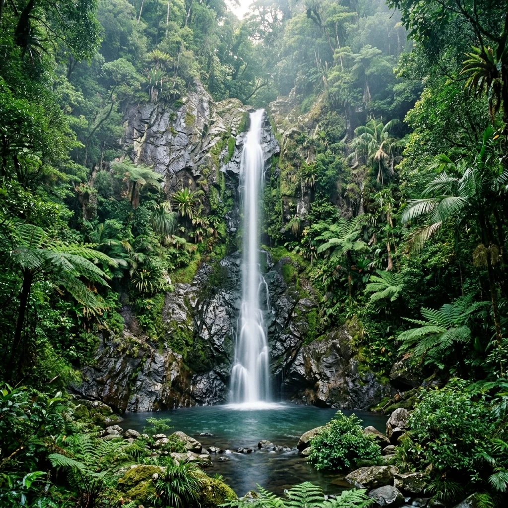 A secluded waterfall cascading down a moss-covered granite cliff face deep inside the…
