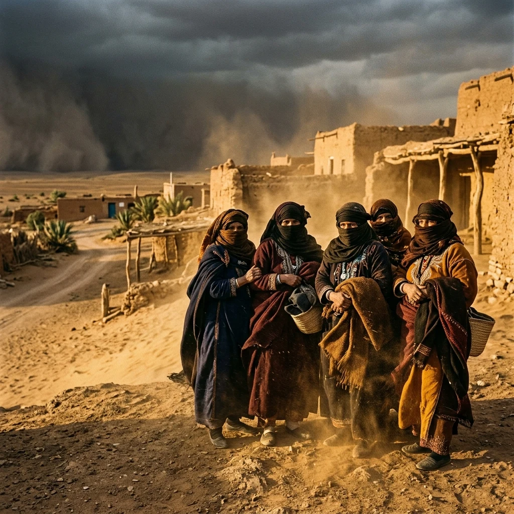 People in veils during a desert storm