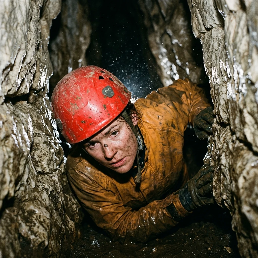 A caver squeezing through a tight limestone crawlway