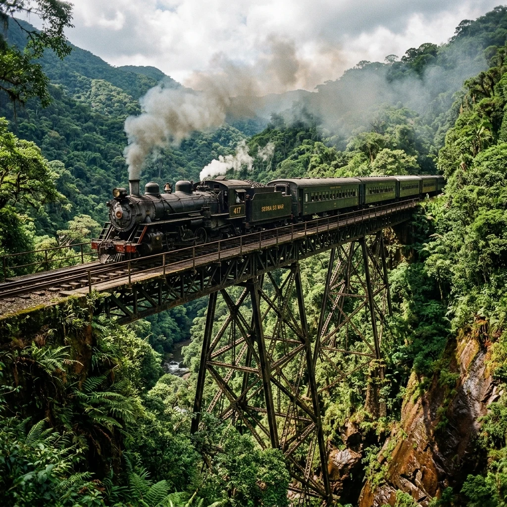 Steam train crossing a jungle bridge