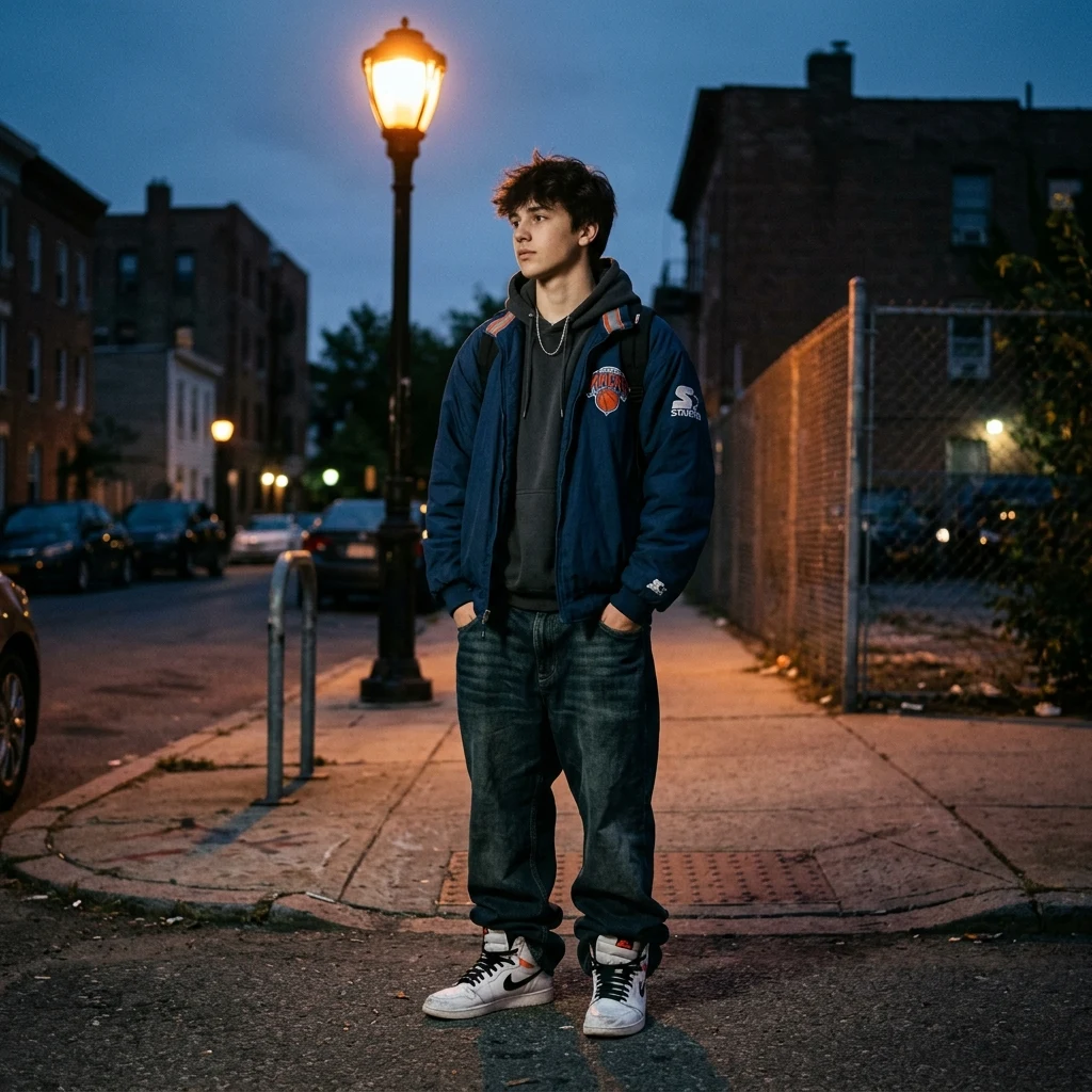 A teenage boy in a boxy starter jacket over a hooded sweatshirt